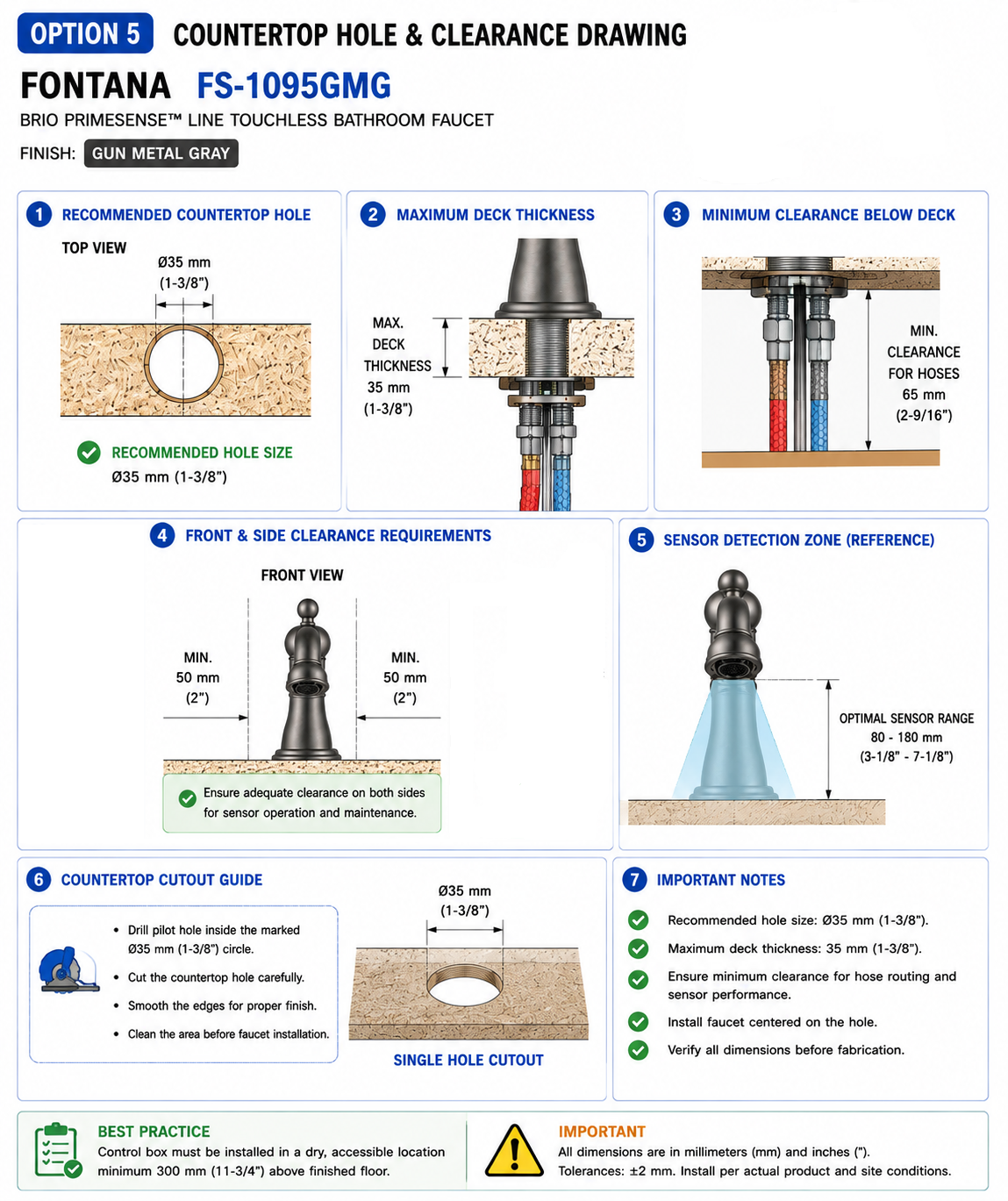 Fontana Brio PrimeSense FS-1095GMG Gun Metal Gray touchless bathroom faucet countertop hole and clearance drawing showing mounting hole, faucet centerline, basin edge, backsplash and service clearances